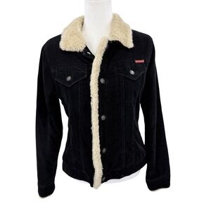 Vintage Roxy Jean Womens Black Corduroy Sherpa Lined Trucker Jacket 90's Y2k